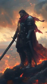 Armored knight surveys burning valley under stormlit sky