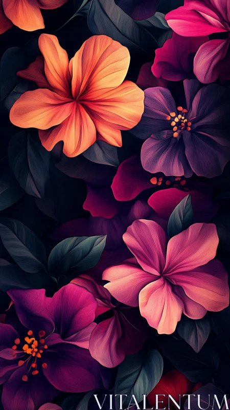 Vibrant digital flowers with layered petals and dark foliage background.