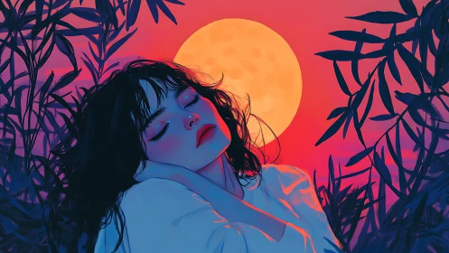 Dreamy moonlit girl rests softly in glowing twilight garden