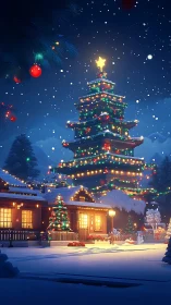 Snowy night view of house with tall lit Christmas tree.