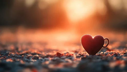 Red heart-shaped object displayed on sandy ground at sunset.