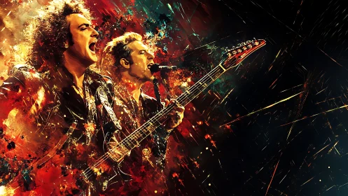 Digital painting of rock guitarists in explosive stage lighting.