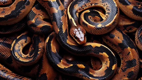 Glistening patterned snake coils rest in calm, vivid detail
