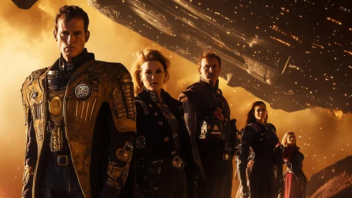 Bold spacefaring crew stands united beneath vast starship