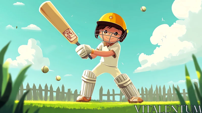 Young cricket batter stands ready on sunny backyard pitch