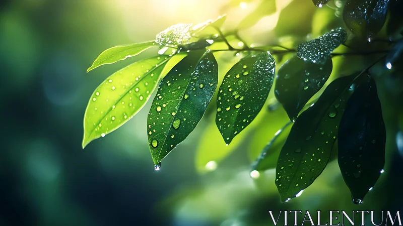 Photorealistic macro study of dew-laden foliage in bokeh light.