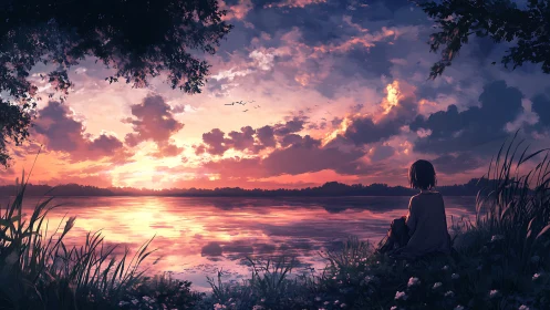 Solitary figure watching a glowing sunset across still water.