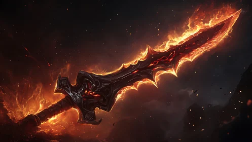 Blazing demon sword burns bright against a stormy night sky