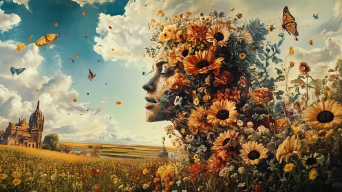 Floral goddess of nature dreams beside a golden castle field