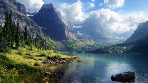 Mountain lake landscape shows sharp peaks and clear water