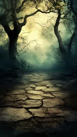 Fogbound forest path where cracked earth glows softly.