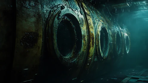Rusting submarine corridor under moody teal backlight.