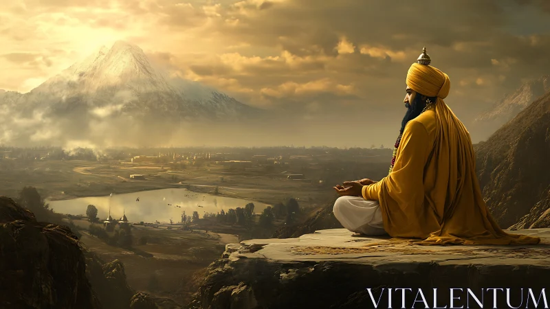 Turbaned figure seated above valley with distant snow peak.