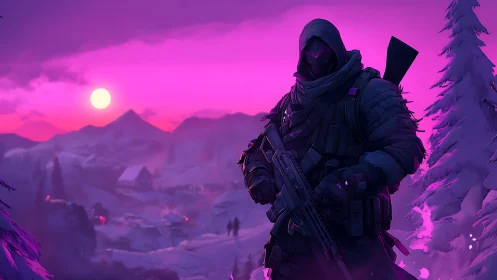 Neon dusk sniper in stylized arctic tactical composition.