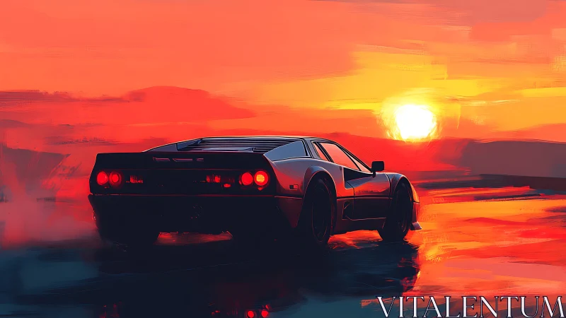 Retro sports car accelerates into a vivid neon sunset horizon