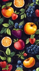 Vibrant digital fruit pattern on deep midnight background.