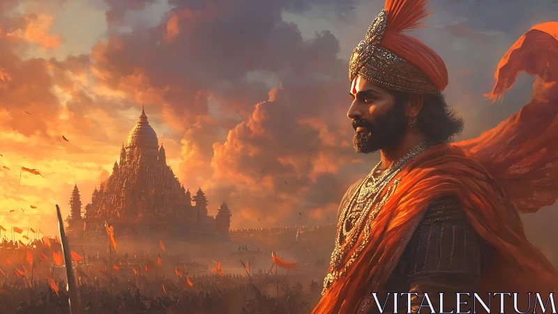 Warrior in ornate turban overlooks temple at sunset battlefield