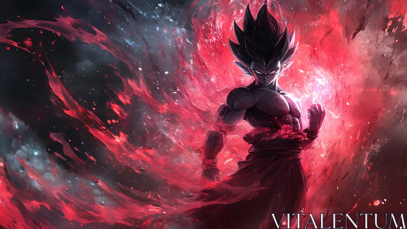 Dark-haired anime warrior in crimson cosmic energy storm.