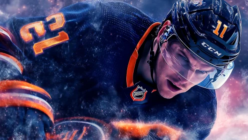 Intense hockey forward charging through cosmic ice storm.