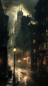 Noir rain-soaked alley with infernal high-rise skyline glow.