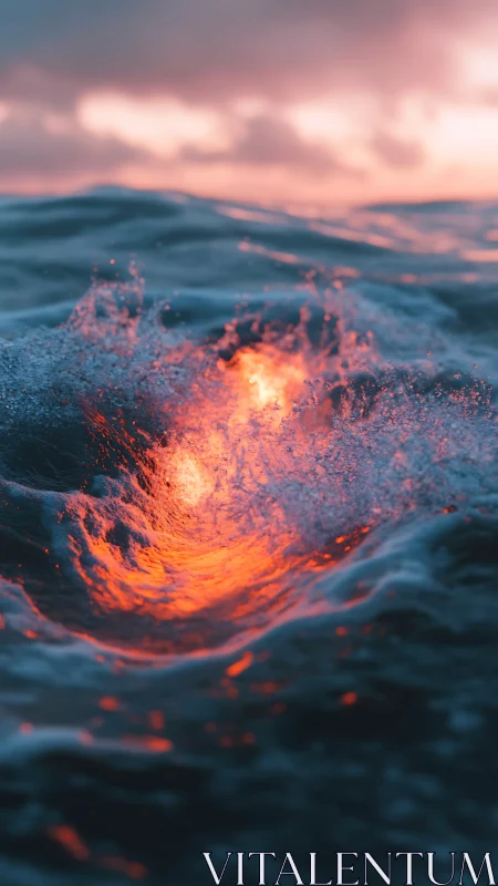 Molten light vortex ignites stormy teal ocean waves.