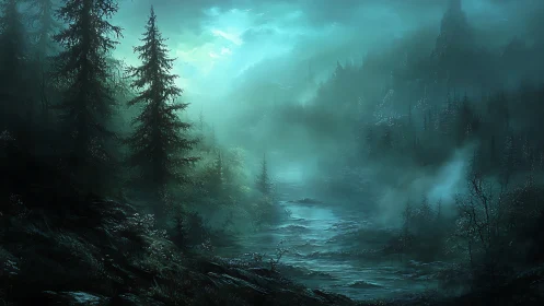 Misty Mountain River: Where Twilight Dreams Dance Through Ancient Pines