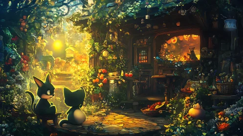 Two Silhouetted Cats in Warm Glowing Garden Haven.