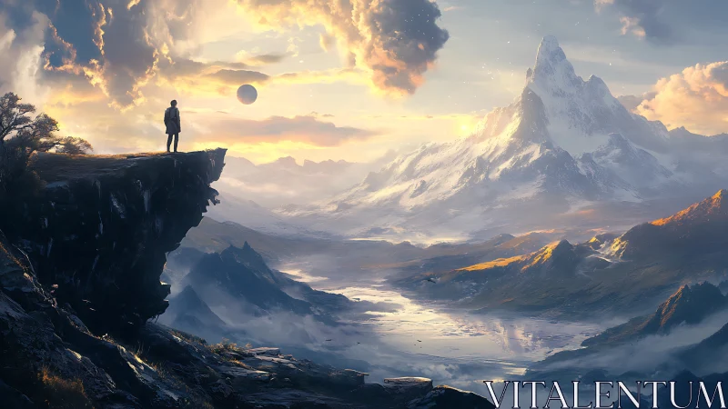 Lone explorer surveys luminous alien mountain valley.