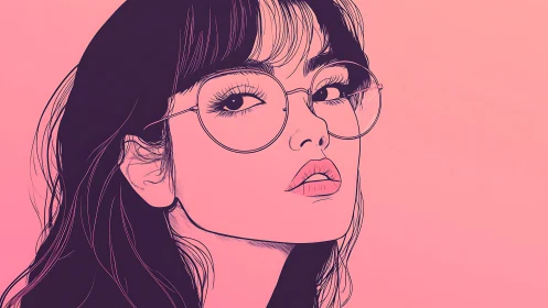 Stylized portrait of woman with glasses on pink gradient