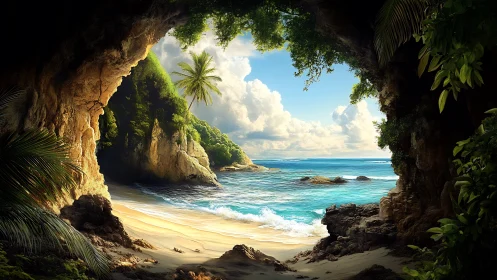 Hidden tropical cove viewed from shaded sea cave opening.