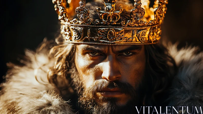 Cinematic close-range portrait of a fur-clad crowned monarch.