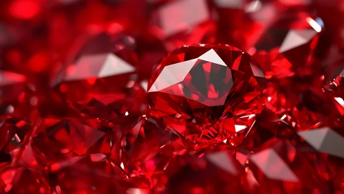 Close-up view of many faceted red gemstones piled together.