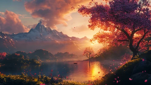 Sunlit cherry blossom lake beneath peaceful snowy peaks.