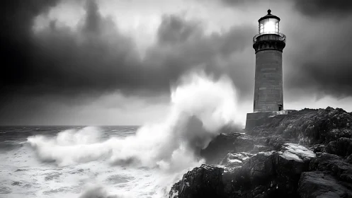 Storm-lashed lighthouse withstands powerful crashing waves