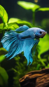 Blue betta fish glides through lush green aquarium plants.