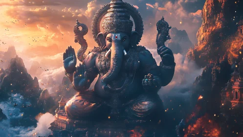 Colossal digital Ganesh deity rendered in cinematic dusk light