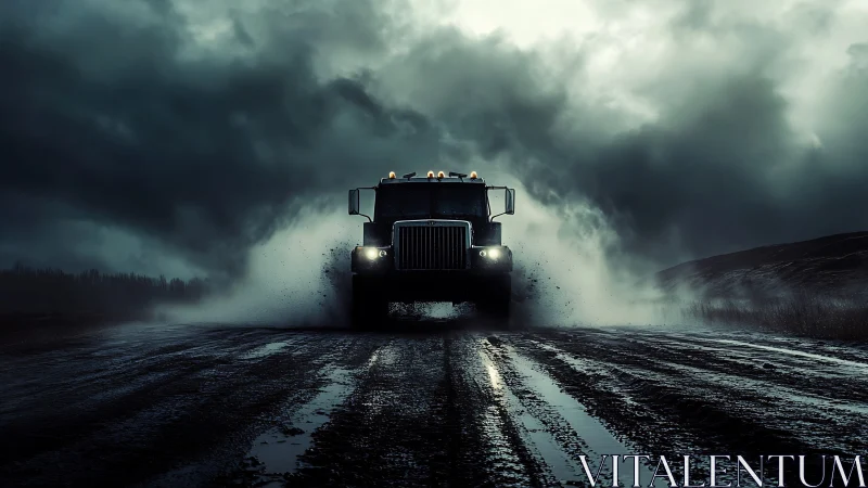 Heavy-duty semi truck on wet rural road under storm clouds