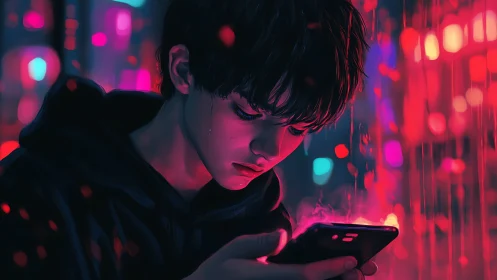 Quiet moment in neon rain with a heartbreak-lit screen.