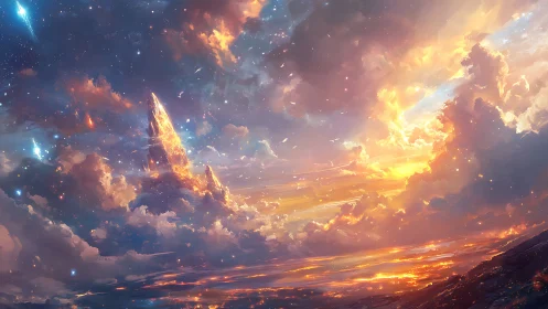 Celestial stormscape crowns luminous sunset horizon.