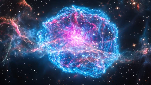Radiant nebula shell exploding with electric blue filaments.