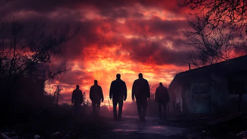 Friends walking into a fiery sunset sky together.