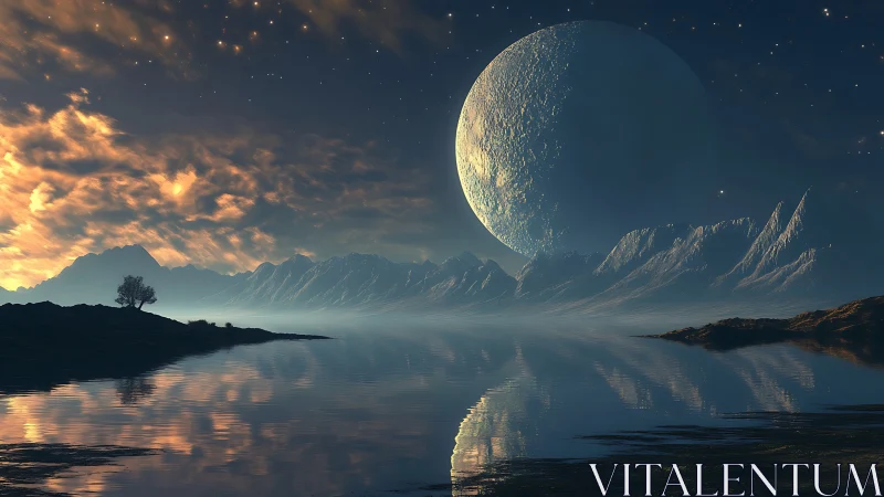 Moonrise over glassy alien fjord in twilight silence.