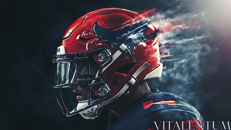 Gridiron portrait with dissolving red helmet energy trail.