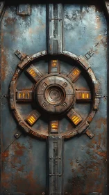 Rustic sci fi vault door with glowing amber lights.