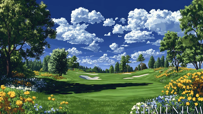 Lush golf fairway under vivid cumulus sky in digital art.