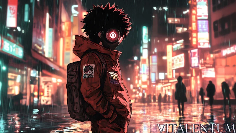 Cybernetic drifter in neon-soaked rainy cityscape at night.