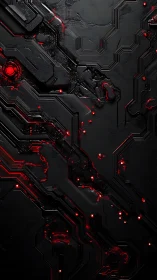 Red-luminous cybernetic circuit substrate under thermal stress.