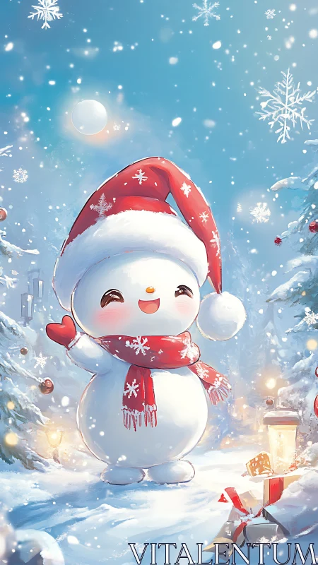 Snowman character waves in bright snowy winter forest