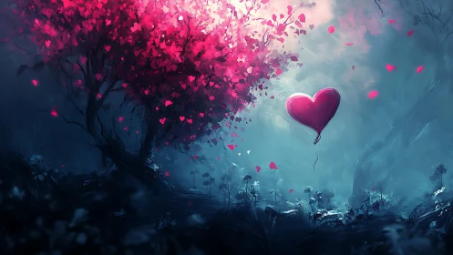 Luminous Heart Balloon Above Flowering Tree.
