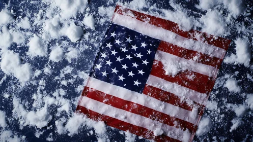 United States flag in oblique overhead view under fresh snowfall